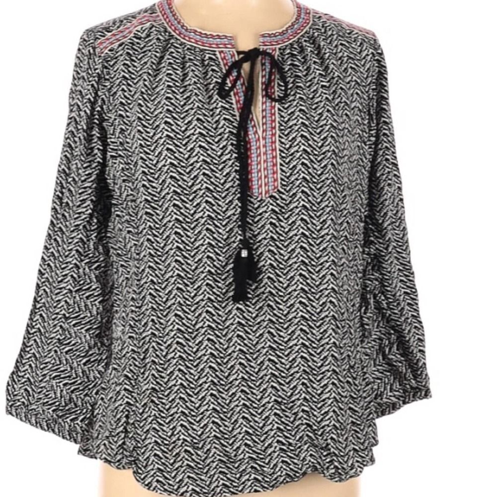 Anthropologie Daniel Rainn Black Print Tie Neck Blouse Large